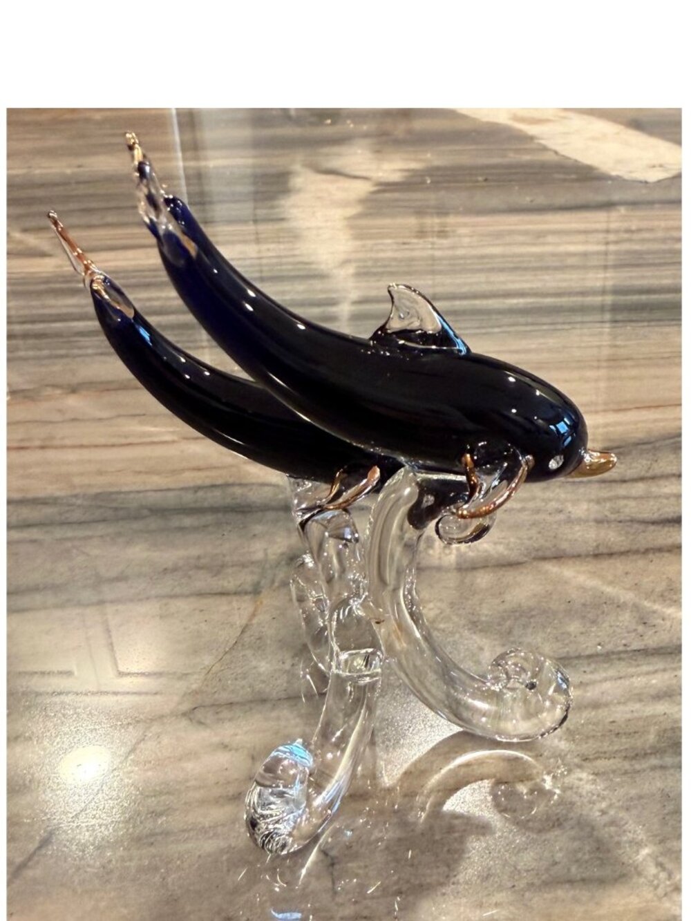 Two Dark Blue Diving Glass Blown Dolphins on Clear Wave